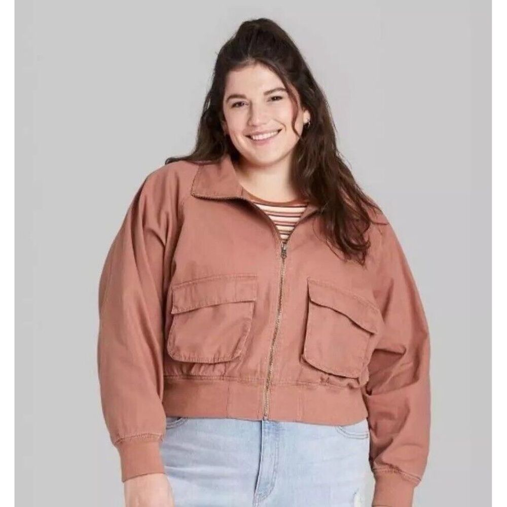 WILD FABLE Woman Denim Cropped Zip Jacket L Dusty Pink 100% Cotton Relaxed Fit